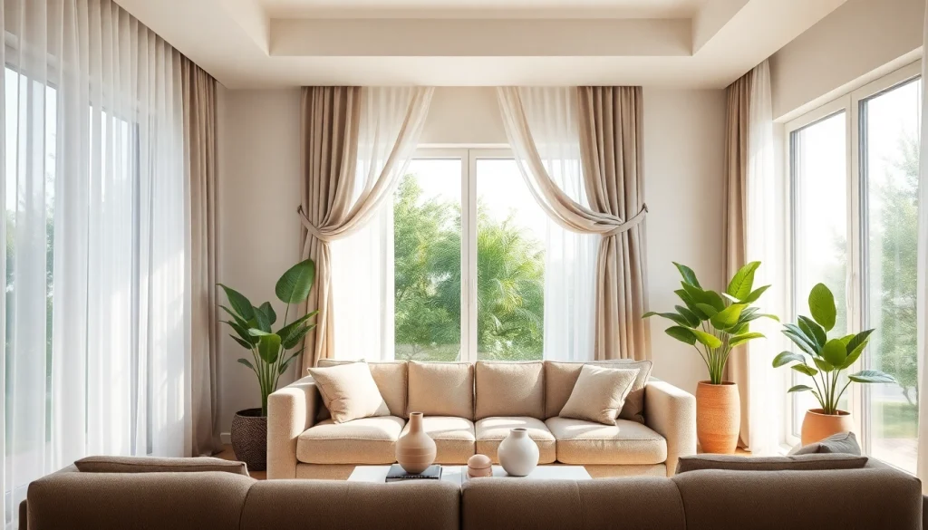 Verduisterende gordijnen in een moderne woonkamer met grote ramen en natuurlijke verlichting.