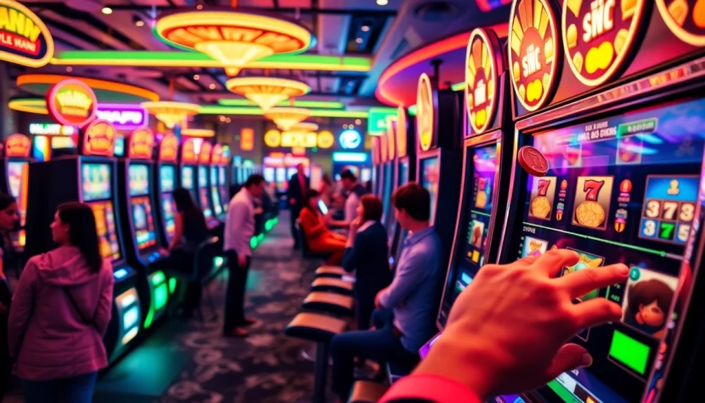 Rasakan sensasi slot depo 5k dengan pemain yang terlibat bermain di mesin slot berwarna-warni.