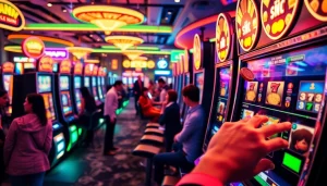 Rasakan sensasi slot depo 5k dengan pemain yang terlibat bermain di mesin slot berwarna-warni.