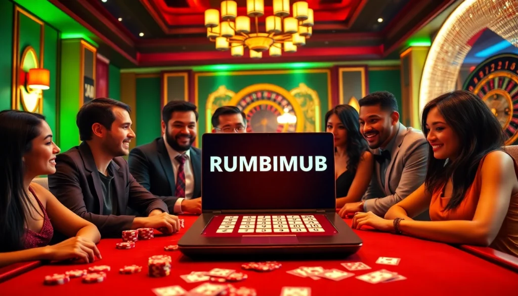 Players enjoying רמיקוב אונליין at a stylish casino table, surrounded by poker chips and cards.