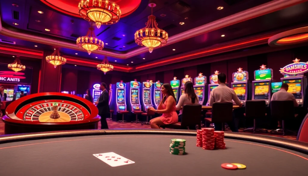 Experience vn168 đăng nhập at an elegant casino with a captivating roulette wheel and vibrant slot machines.