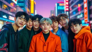 Seven BTS members showcasing their dynamic styles in a lively urban setting.