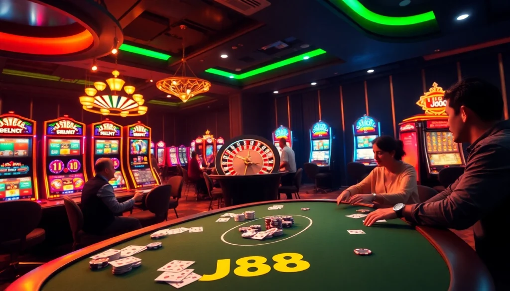 Players strategizing at a poker table in a lively casino featuring J88-themed gameplay excitement.
