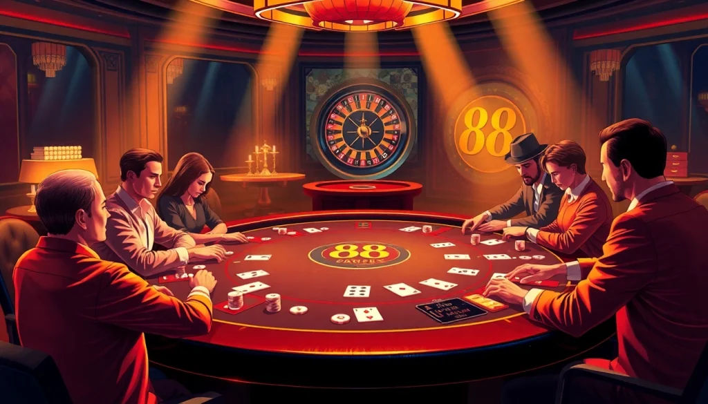 Players engaging in a high-stakes poker game with 88t-themed elements in a luxurious casino setting.