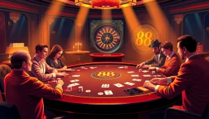 Players engaging in a high-stakes poker game with 88t-themed elements in a luxurious casino setting.
