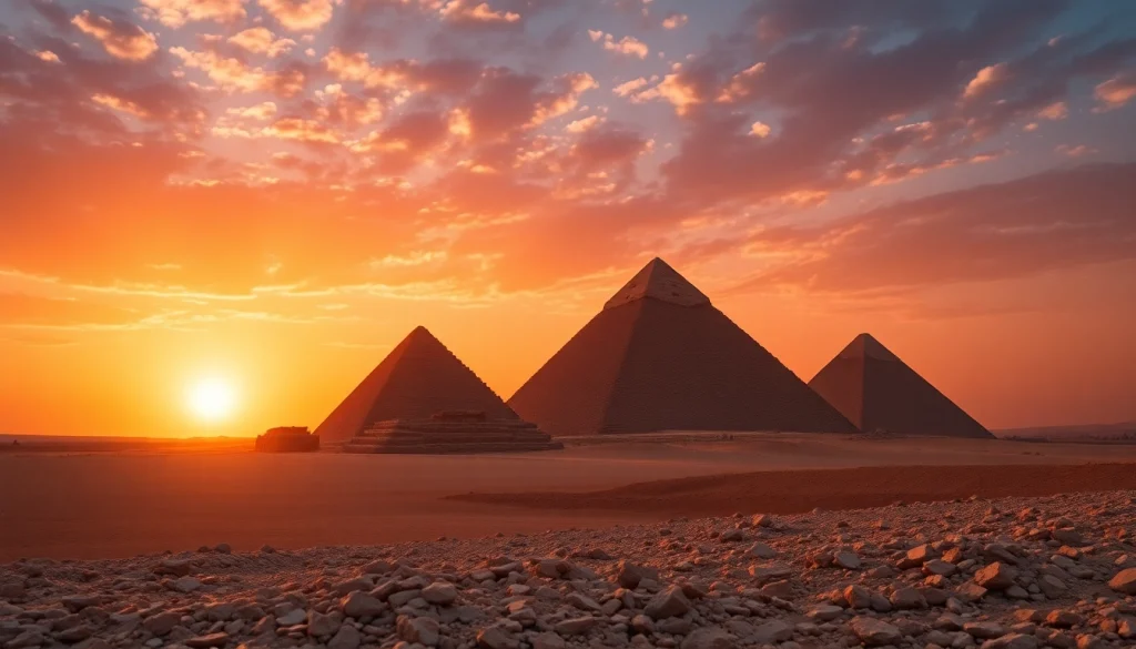 Explore https://piraminds.com/ with the Great Pyramids of Giza illuminated by sunset.