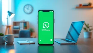 GB WhatsApp APK displayed on a smartphone in a modern workspace environment.