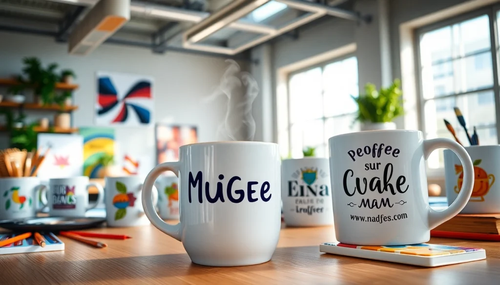 Individualūs puodeliai su spauda ir logotipais, puodeliai su spauda ryškioje darbo erdvėje