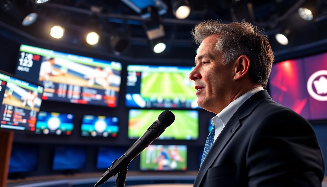Sports Broadcasting professional delivering updates in a lively studio environment.