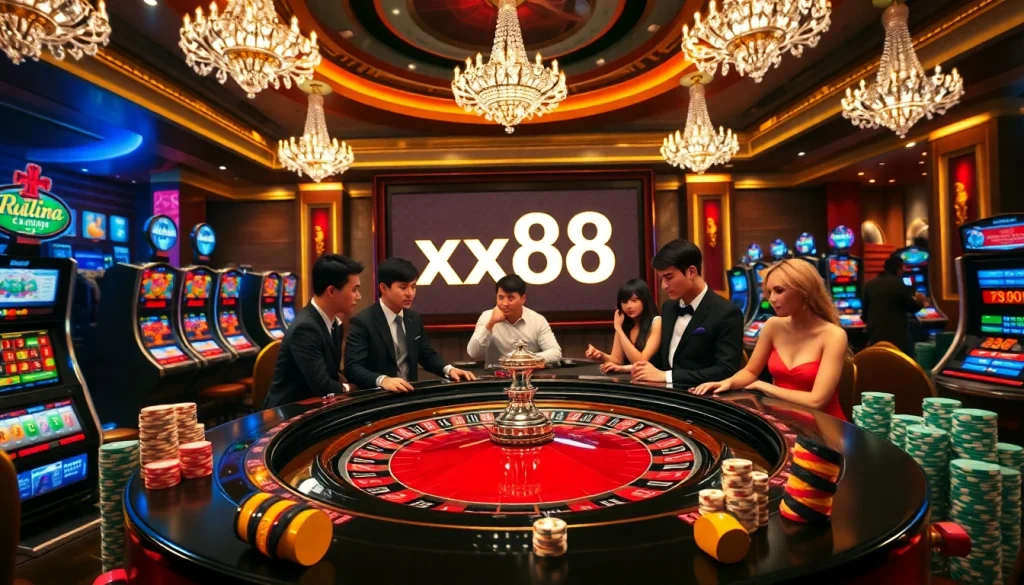 Experience excitement at an xx88 casino with roulette, poker chips, and bright slot machines.