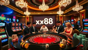 Experience excitement at an xx88 casino with roulette, poker chips, and bright slot machines.