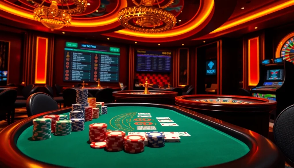 Indoxxi enthusiasts enjoy a vibrant casino with poker tables and colorful chips.