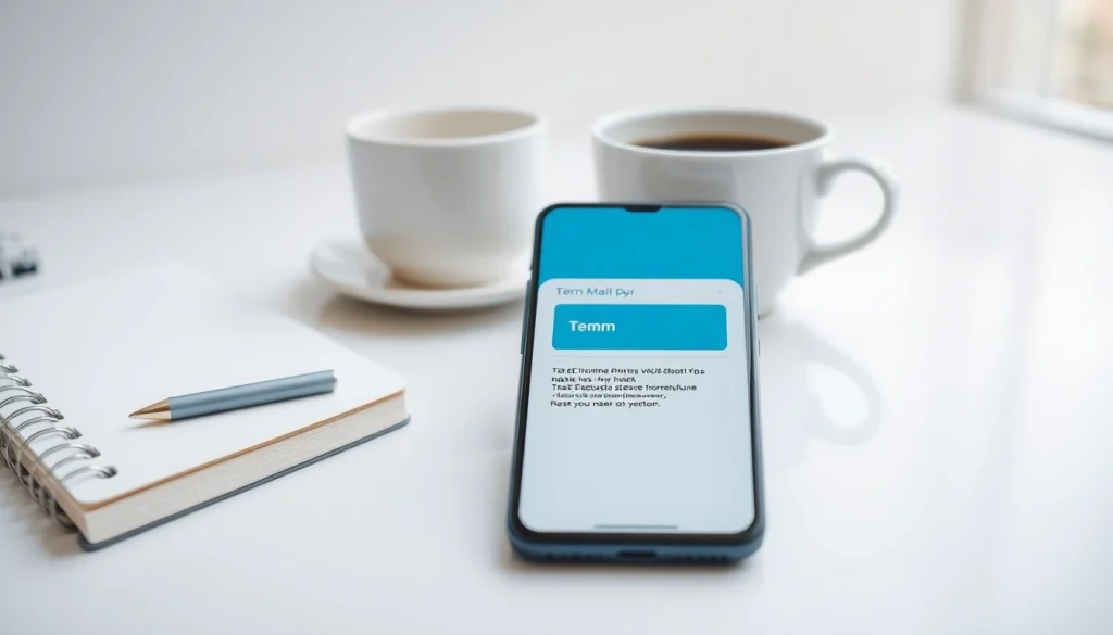 Showcase the temp mail app interface on a smartphone in a minimalist workspace for modern users.