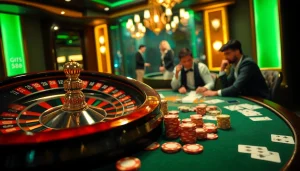 Experience the thrill of gk88 bet with an exciting casino scene featuring a poker game, roulette wheel, and vibrant chips.