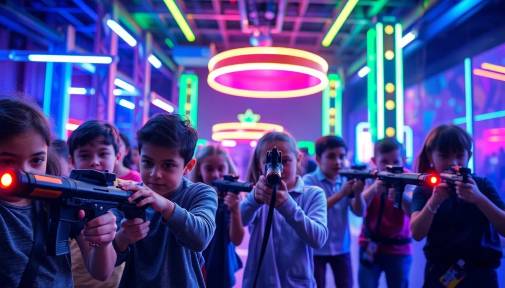 Engaging laser tag players in a vibrant indoor arena showcasing excitement and teamwork.