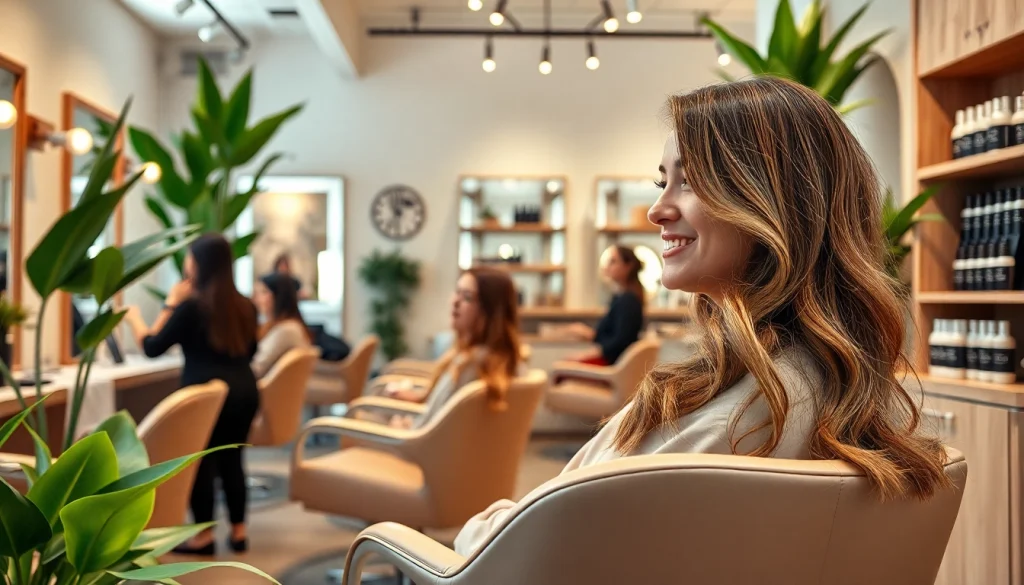 Hair salon San Diego interior with hairdressers styling clients, featuring Aveda products and a warm atmosphere.