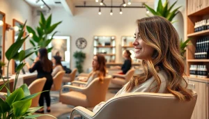 Hair salon San Diego interior with hairdressers styling clients, featuring Aveda products and a warm atmosphere.