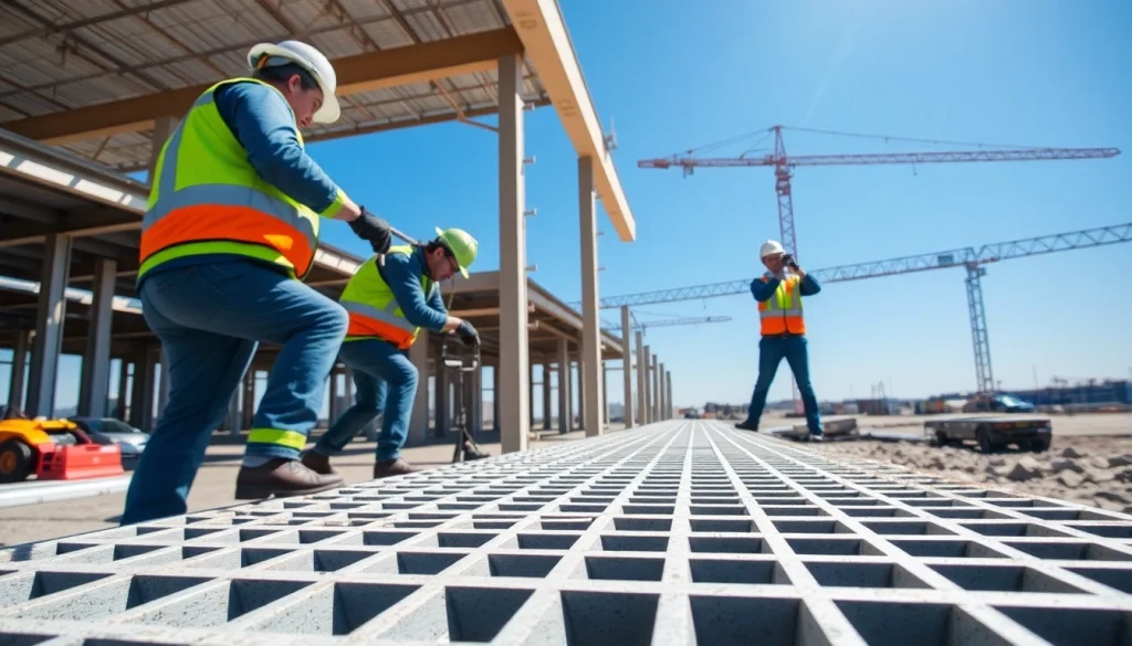 GRP Grating Supplier showcasing strong fiberglass grating being installed in a construction site.