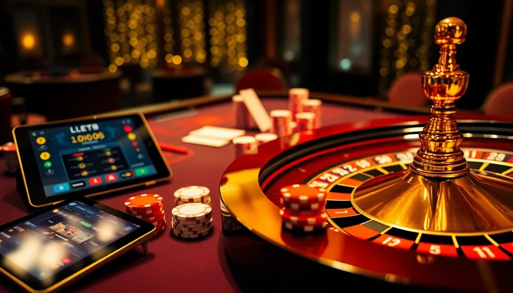 Experience the thrill of gambling at luck8 with elegant cards and roulette in a luxurious casino scene.