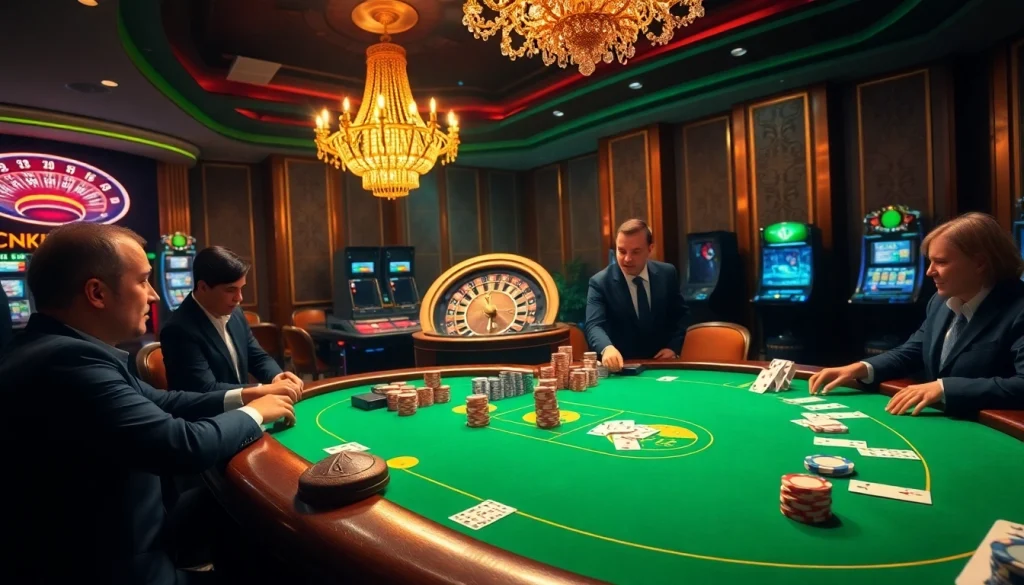 KJC players engaged in a high-stakes poker game at a luxurious casino table, highlighting excitement and glamour.