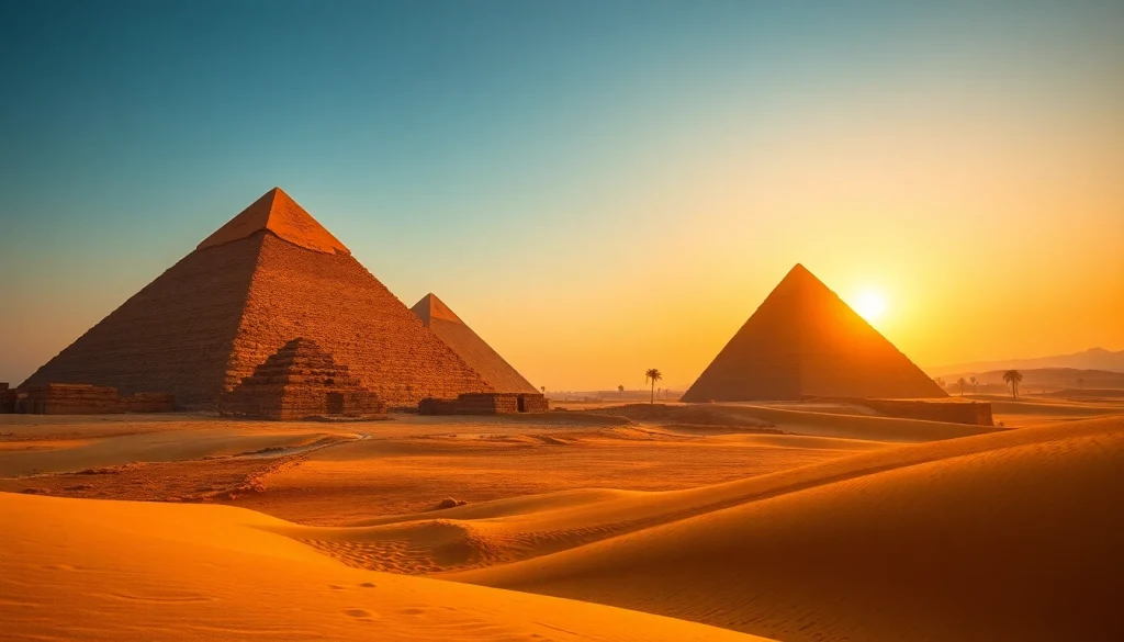 View of the pyramids at sunset reinforcing https://piraminds.com/ historical significance and architectural beauty.