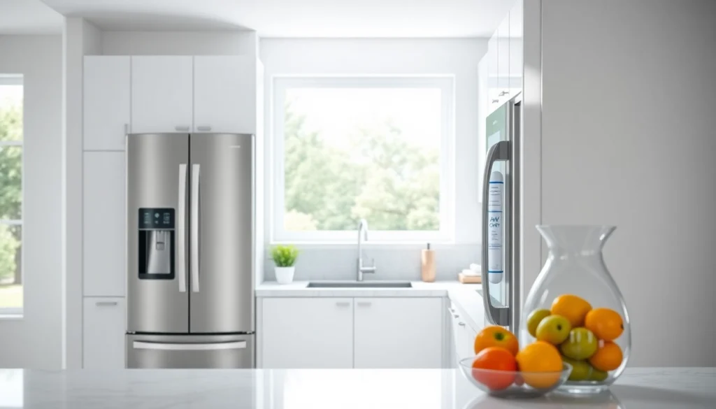 AQUA CREST DA97-17376B Replacement for Samsung DA97-08006C water filter installed in a modern kitchen fridge.