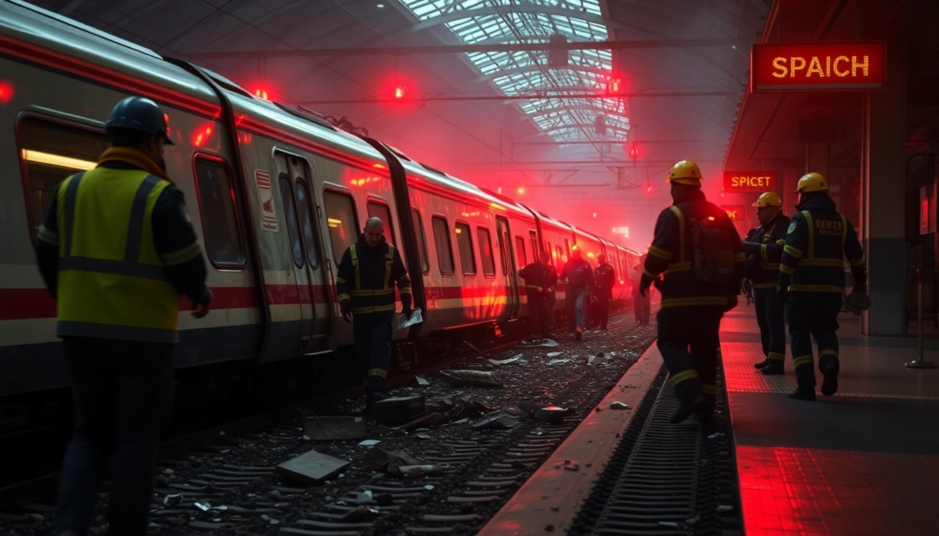 Emergency responders assess the damage from the spain train crash at a station.